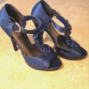 Navy Blue Satin Ruffle Heels